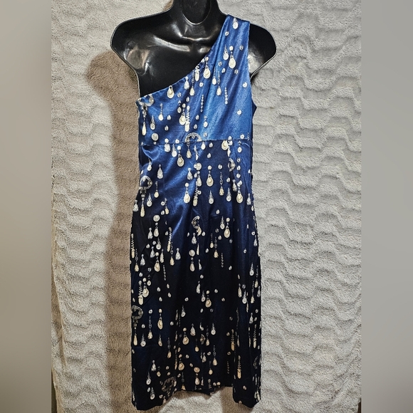 David Meister Blue Pearl Satin One Shoulder Sheath Cocktail Dress Jewel Print 6 - Picture 6 of 15